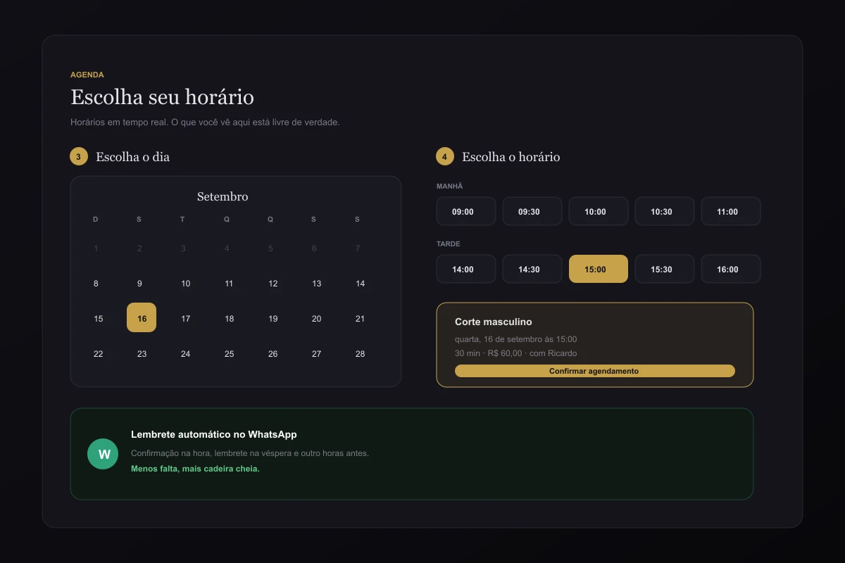 Tela de agendamento com calendário, horários disponíveis e confirmação