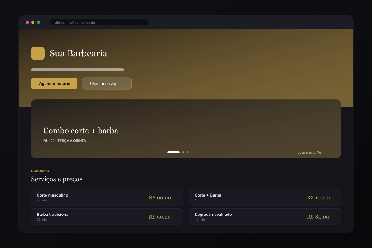 Página de uma barbearia no portal, com capa, vitrine em carrossel e cardápio de serviços
